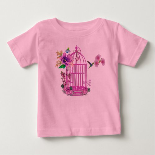 Pink Floral Birdcage Baby T_Shirt