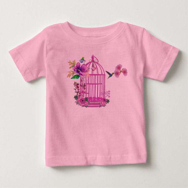 Pink Floral Birdcage Baby T-Shirt (Front)
