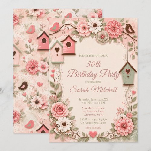 Pink Floral Birds Birthday Party Invitation