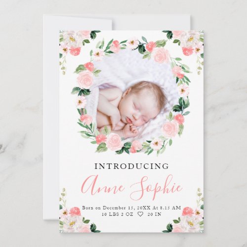 Pink Floral Birth Announcement Thank You Card