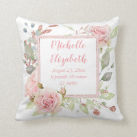 Pink Floral Birth Stats Throw Pillow