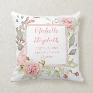 Pink Floral Birth Stats Throw Pillow