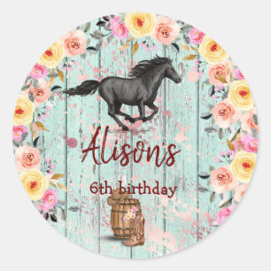 Pink Floral Birthday Horse Birthday Party  Classic Round Sticker
