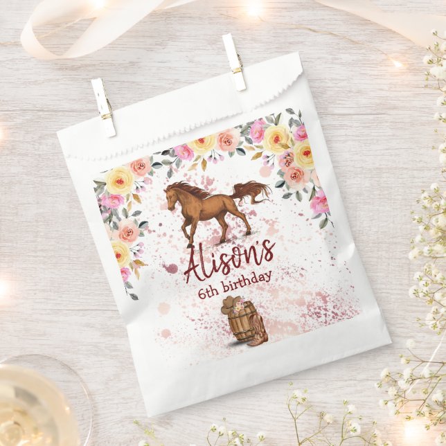 Pink Floral Birthday Horse Birthday Party Favor Bag (Clipped)