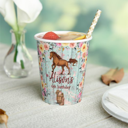 Pink Floral Birthday Horse Birthday Party Paper Cups