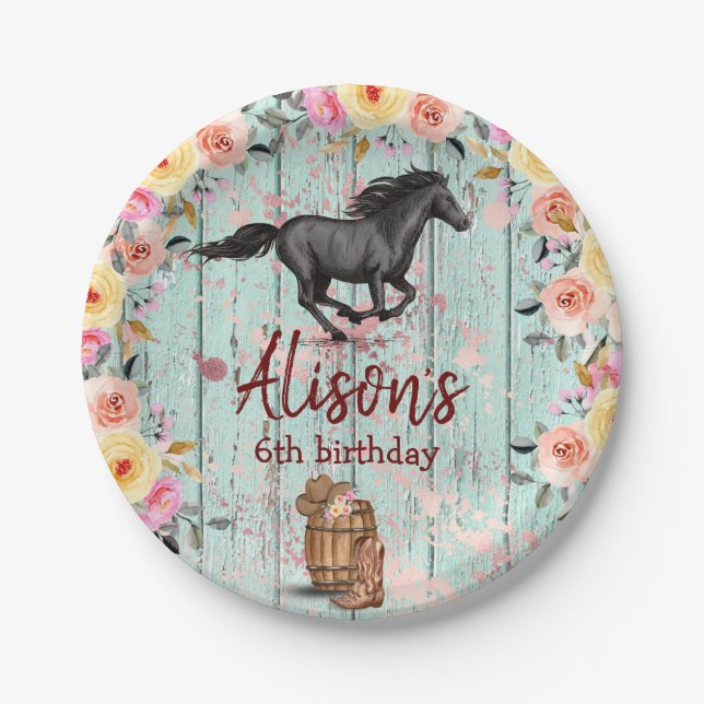 Pink Floral Birthday Horse Birthday Party  Paper Plates (Front)