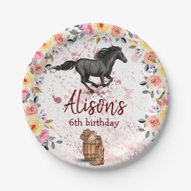 Pink Floral Birthday Horse Birthday Party  Paper Plates (Front)