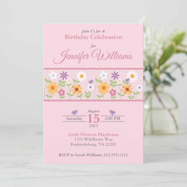 Pink Floral Birthday Invitation (Standing Front)