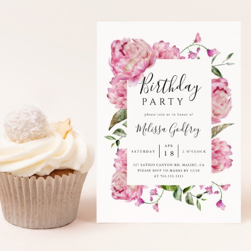 Pink Floral Birthday Party Invitation