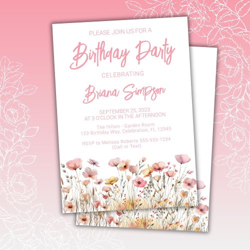 Pink Floral Birthday Party Invitation