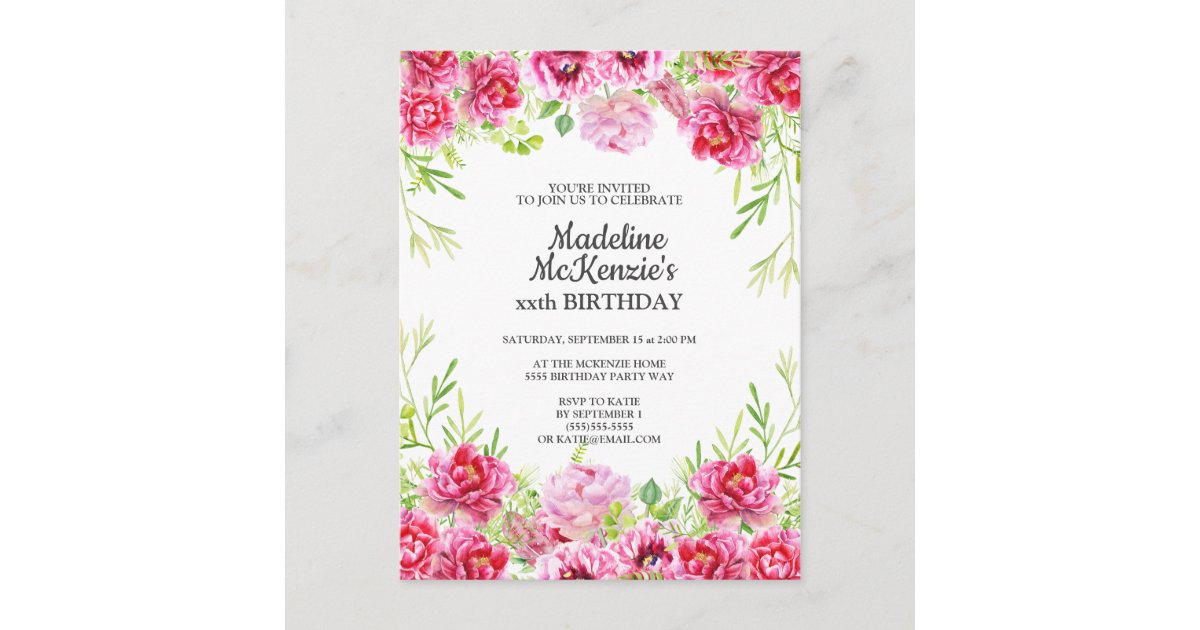 Pink Floral Birthday Party Invitation Postcard | Zazzle