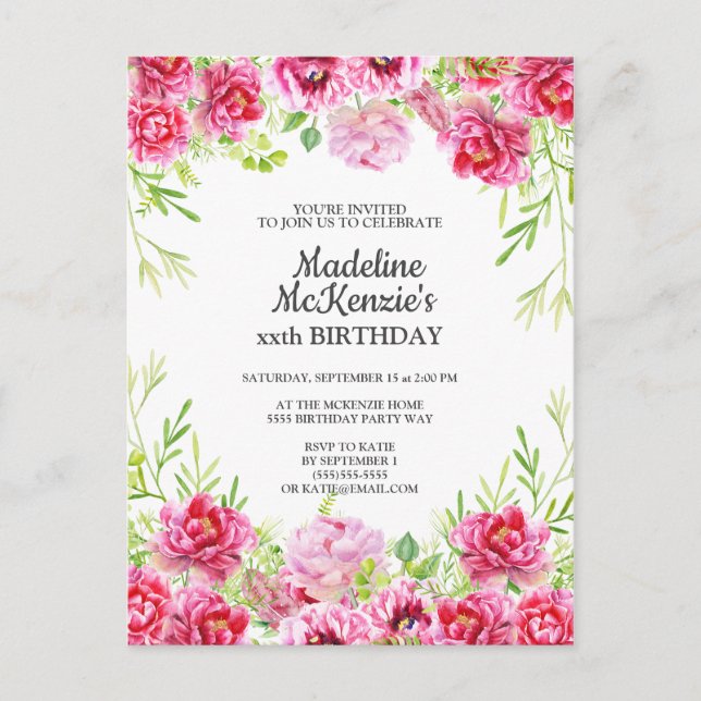 Pink Floral Birthday Party Invitation Postcard (Front)