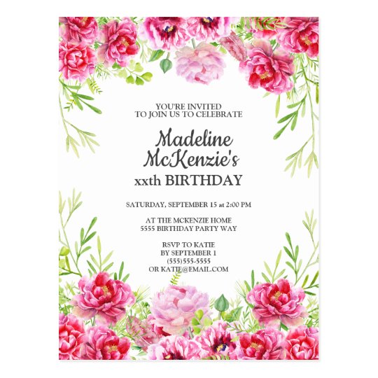 Pink Floral Birthday Party Invitation Postcard | Zazzle.com