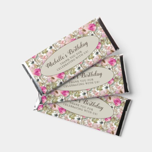 Pink Floral Birthday Party Name Thank You  Hershey Bar Favors