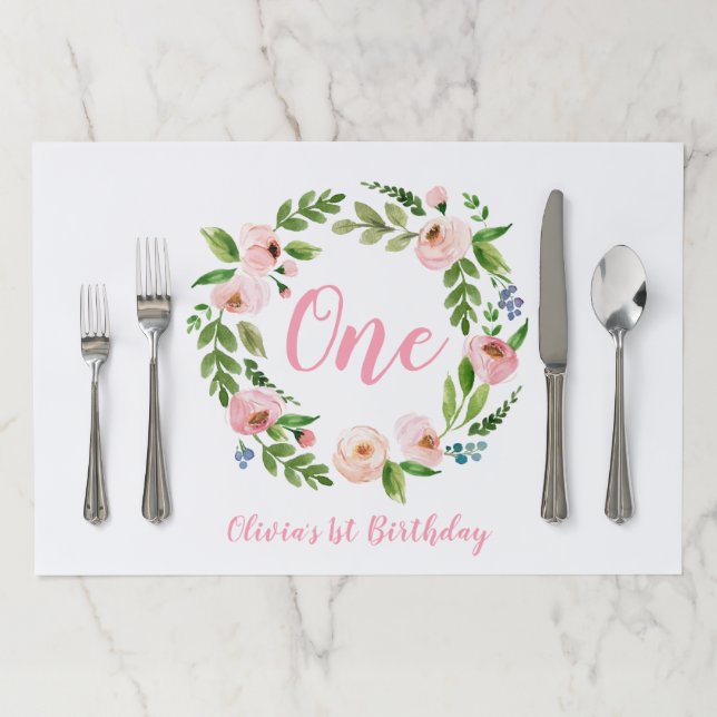 Pink Floral Birthday Party Tearaway Placemat (In Situ)