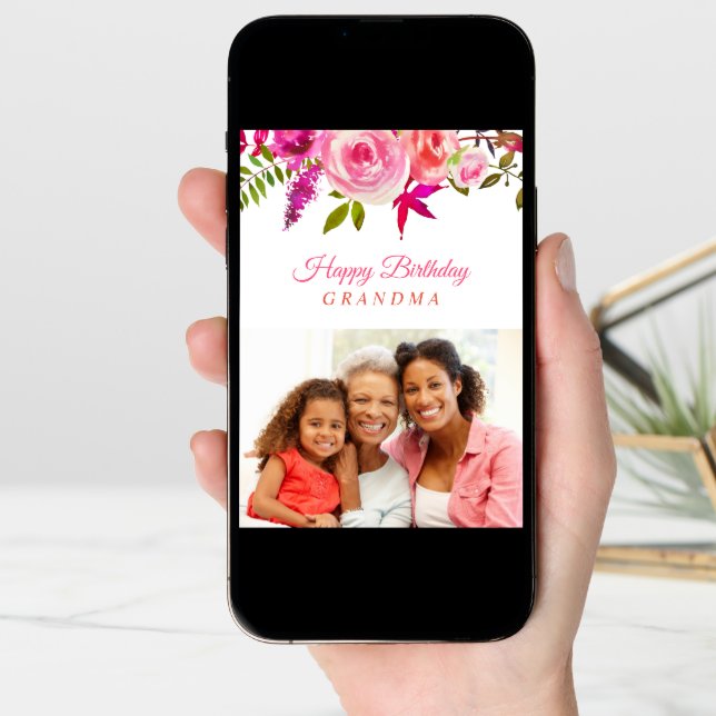 Pink Floral Birthday Photo Card for Grandma (Front Digital)