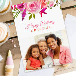 Pink Floral Birthday Photo Card for Grandma<br><div class="desc">Affordable custom printed birthday card personalized with your photo and text. This pretty feminine design features a watercolor floral border in shades of pink and coral. Use the design tools to add more photos, edit the text with your own special message and customize the fonts and colors to create your...</div>