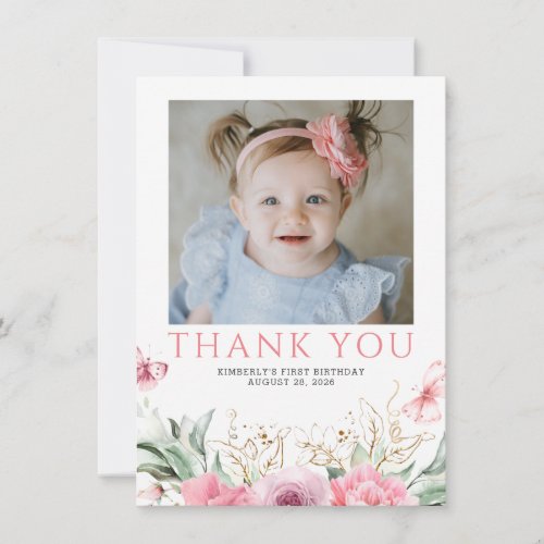 Pink Floral Birthday Thank You Photo Card