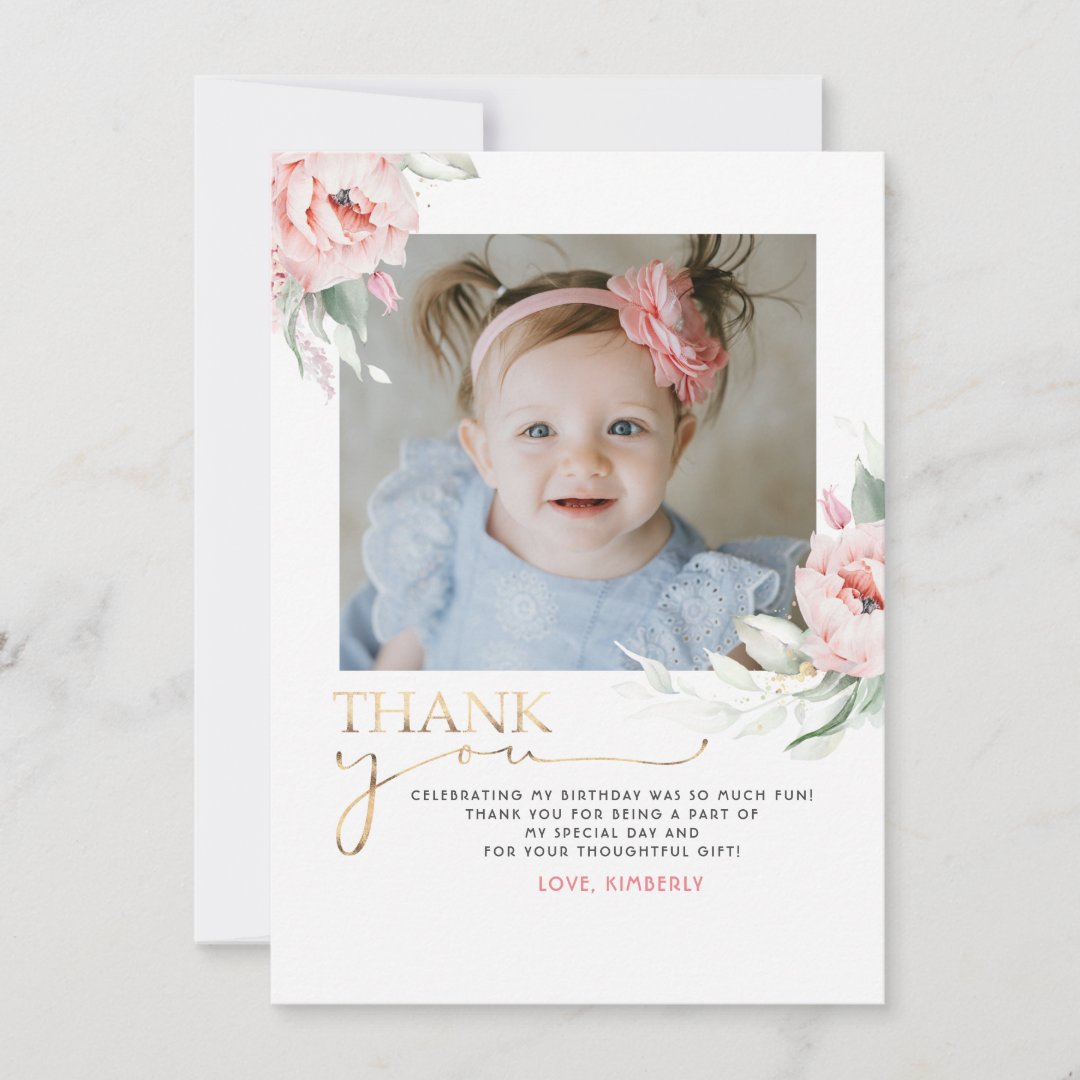 Pink Floral Birthday Thank You Photo Postcard | Zazzle