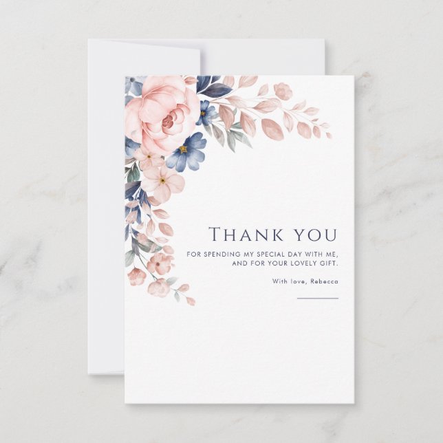 Pink Floral Birthday Watercolor Thank You Card (Front)