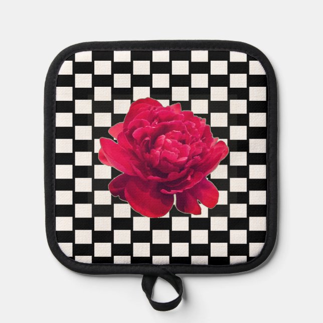 Pink Floral Black and White Checkered 4Jan Pot Holder (Front)