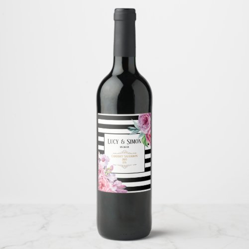 Pink Floral Black and White Stripe Wedding Wine Label