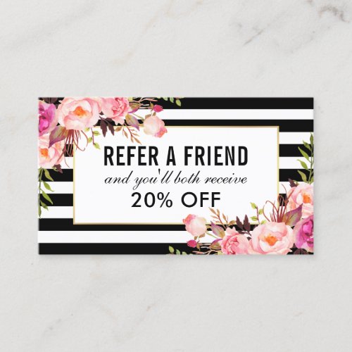 Pink Floral Black and White Striped Referral Business Card