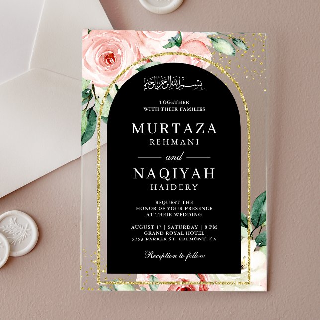 Pink Floral Black Arch Muslim Wedding Acrylic Invitations (Creator Uploaded)