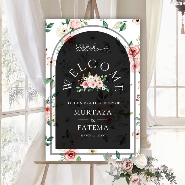 Pink Floral Black Arch Muslim Wedding Welcome Sign (Creator Uploaded)