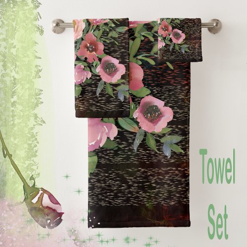 Pink floral black  bath towel set