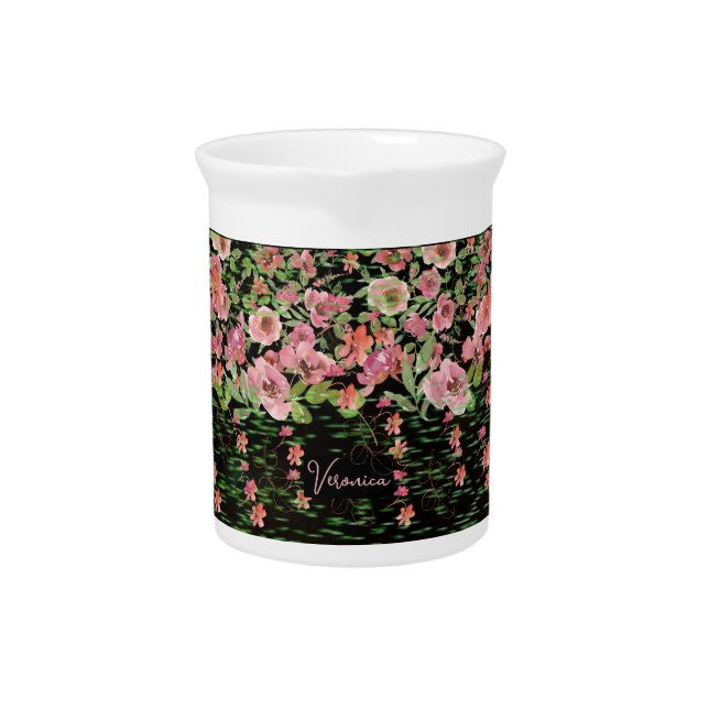 Pink Floral Black  Beverage Pitcher (Front)
