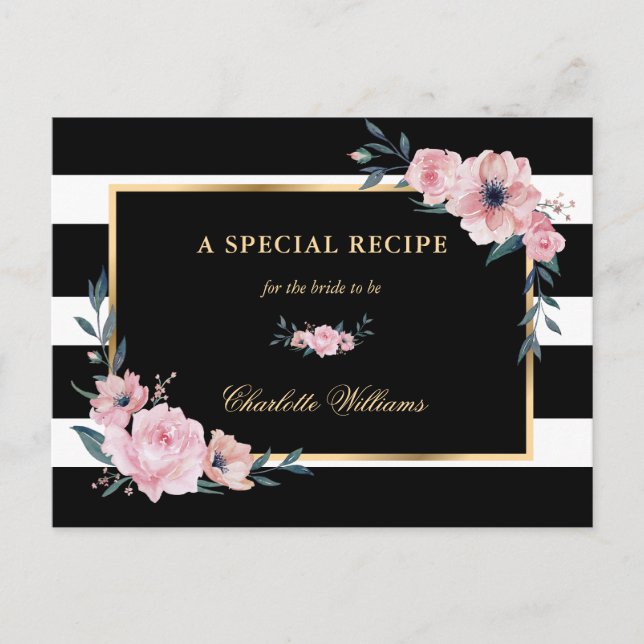 Pink Floral Black Bridal Shower Recipe Card (Front)