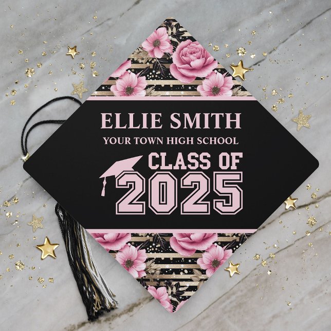 Pink Floral Black Class of 2025 Graduation  Graduation Cap Topper (Pink floral. on black Class of 2025 graduation cap topper personalized with the name of the graduate)
