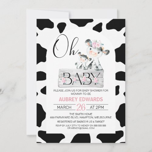 Pink Floral Black Cow Print Baby Shower Invitation