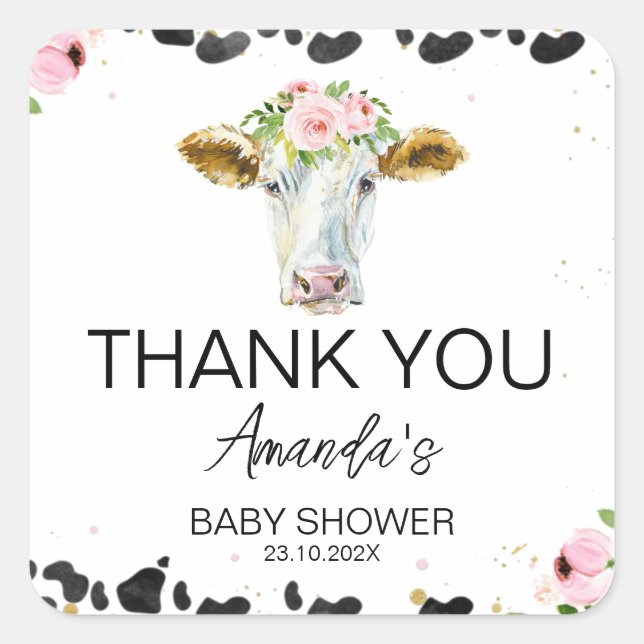 Pink Floral Black Cow Print Baby Shower   Square Sticker (Front)