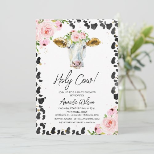 Pink Floral Black Cow Print Holy Cow Baby Shower Invitation