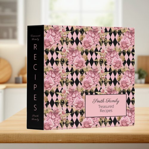 Pink Floral Black Diamond Harlequin Family Recipes 3 Ring Binder