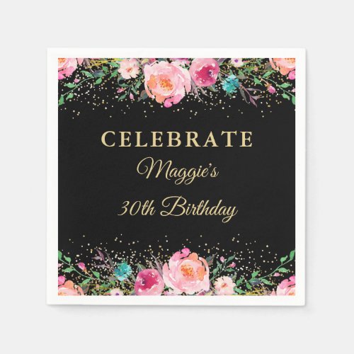 Pink Floral Black Gold Birthday Party Paper Napkins