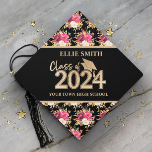 Pink Floral Black Gold Class 2024 Graduation  Cap Topper