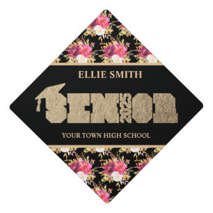 Pink Floral Black Gold Class 2025 Graduation  Cap Topper