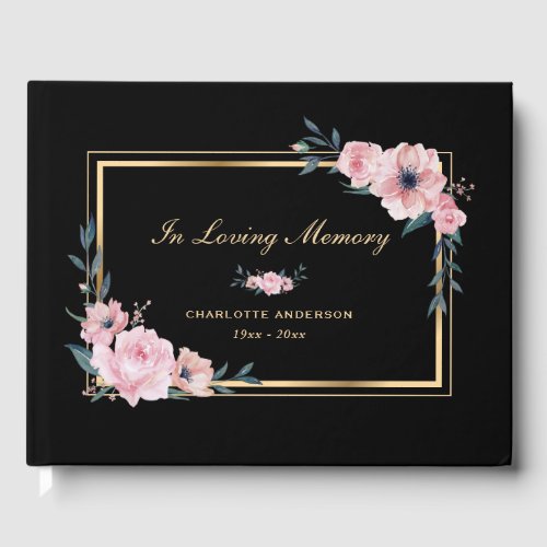 Pink Floral Black Gold Funeral Memorial Guest Book
