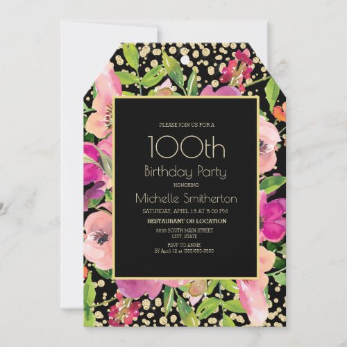 Pink Floral Black Gold Glitter 100th Birthday Card