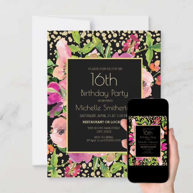 Pink Floral Black Gold Glitter 16th Birthday Card | Zazzle