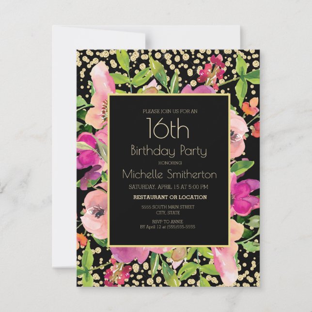 Pink Floral Black Gold Glitter 16th Birthday Card (Front)