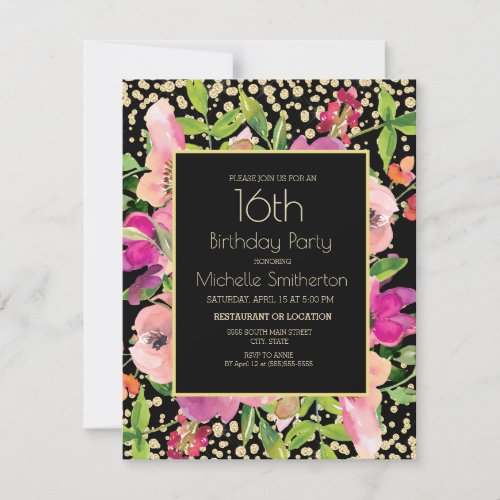 Pink Floral Black Gold Glitter 16th Birthday Card
