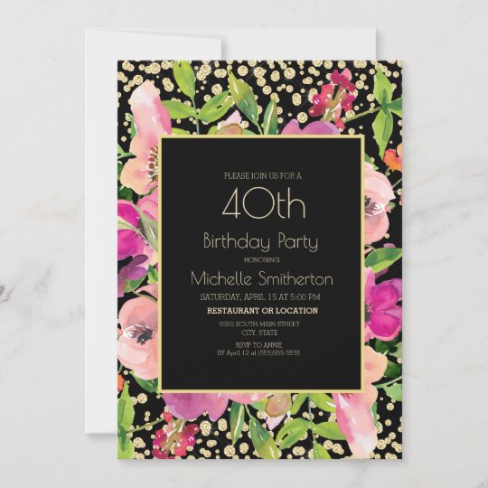 Pink Floral Black Gold Glitter 40th Birthday Card 