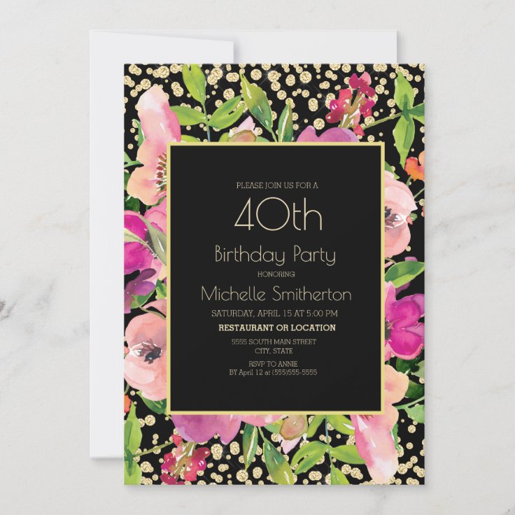 Pink Floral Black Gold Glitter 40th Birthday Card | Zazzle