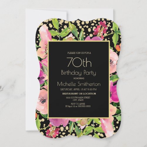 Pink Floral Black Gold Glitter 70th Birthday Card