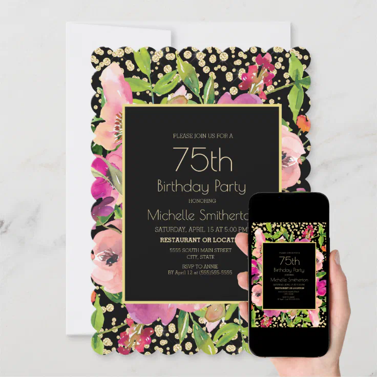 Pink Floral Black Gold Glitter 75th Birthday Card | Zazzle