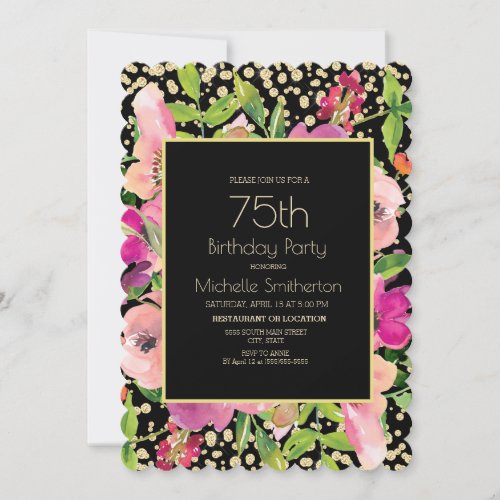 Pink Floral Black Gold Glitter 75th Birthday Card